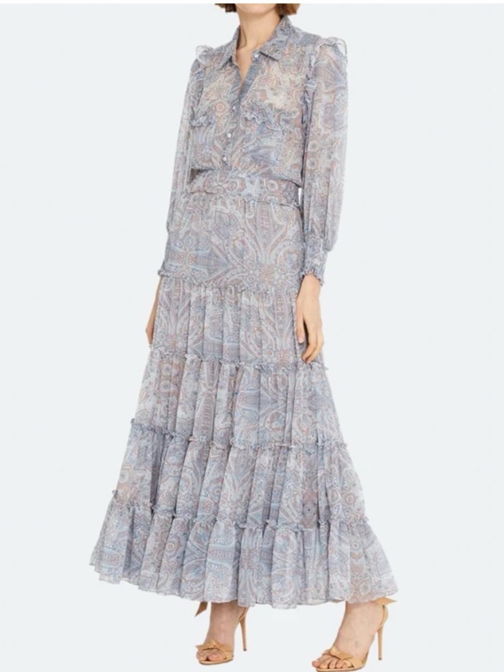 Light Blue Paisley Maxi Dress with Tiered Skirt - Picture 2 of 7